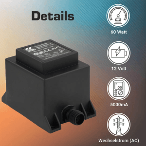 Schwarzer Kerry Electronics Trafo 60W, 12V AC/AC, IP44 für Elektroinstallation.