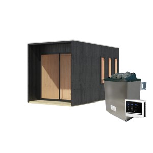 Karibu Saunahaus Cancun Set, schwarzes Blockbohlenhaus mit Ofen und externer Steuerung.