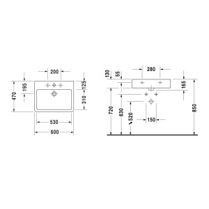 Technische Zeichnung Duravit Waschbecken Vero, 60 cm, weiß, mit Maßangaben für Installation.