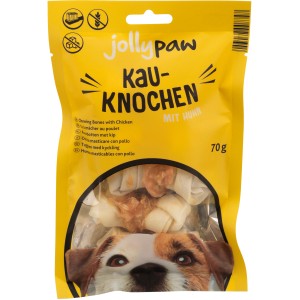 Jollypaw Kauknoten mit Huhn, 5 Stück. Hunde-Natursnack aus Rinderhaut mit Hühnerfleisch ummantelt.
