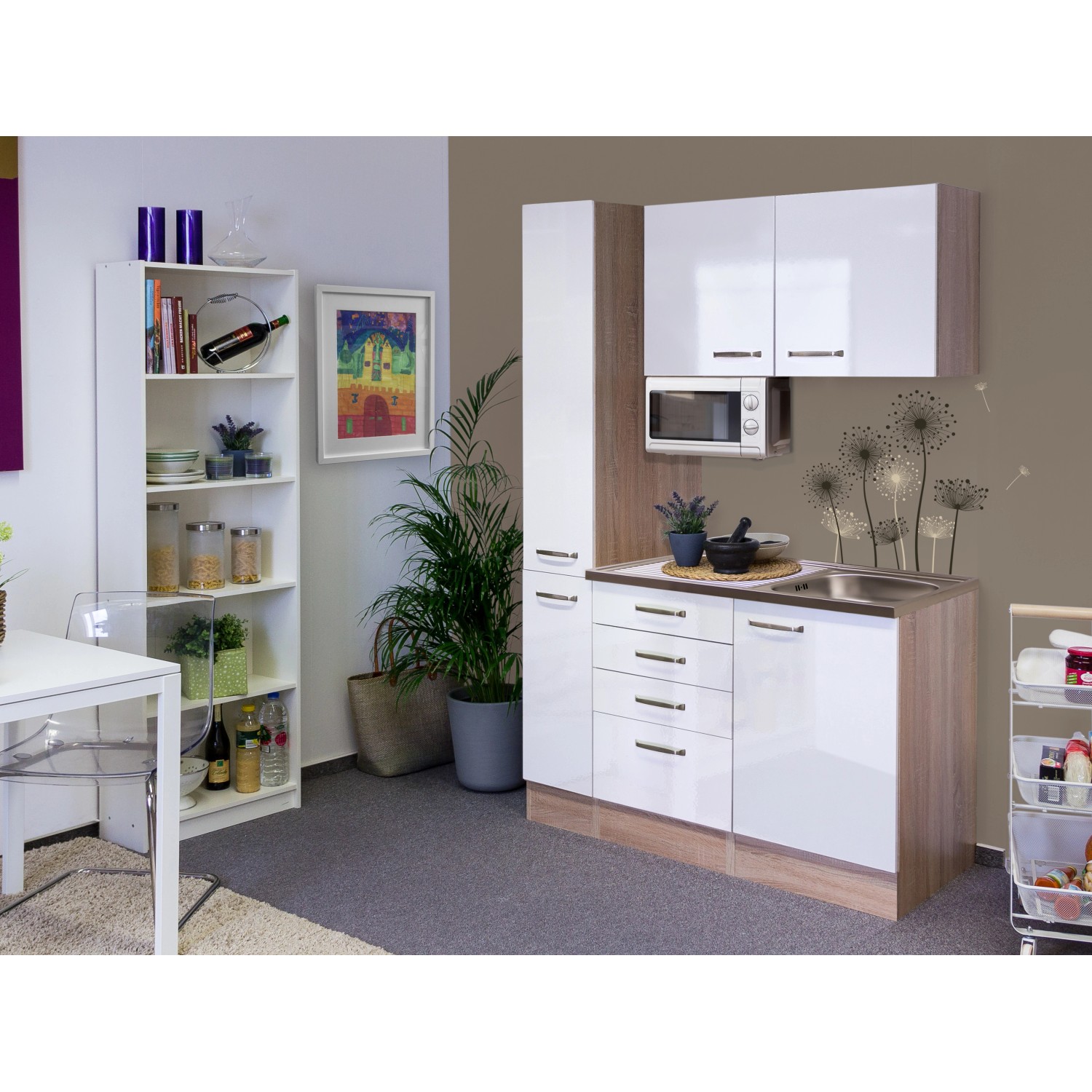 Flex-Well Singleküche/Miniküche 130 cm Valero Hochglanz Weiß-Sonoma Eiche