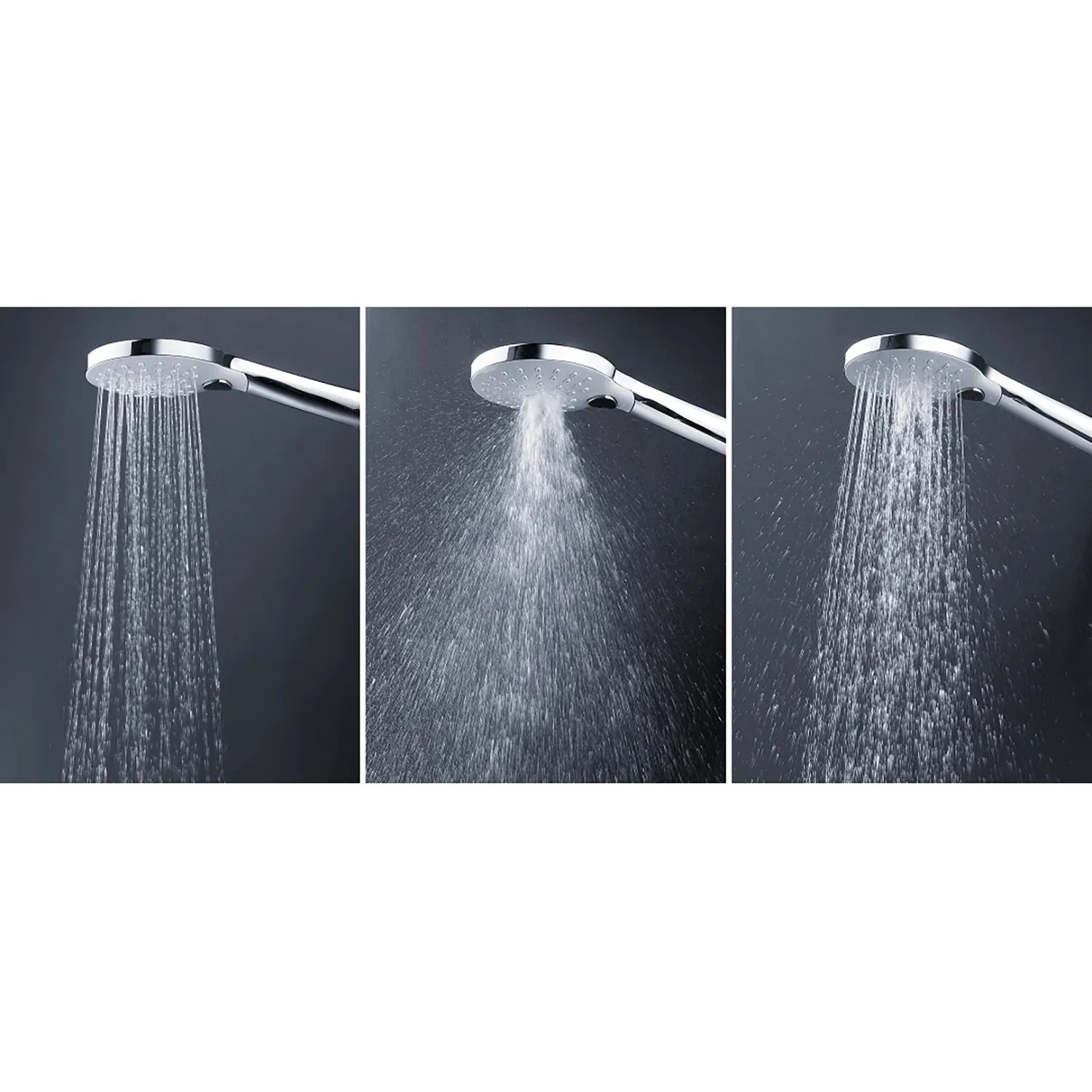 Duschsystem mit runder Edelstahl Regendusche und verschiedenen Strahlarten im Detail.