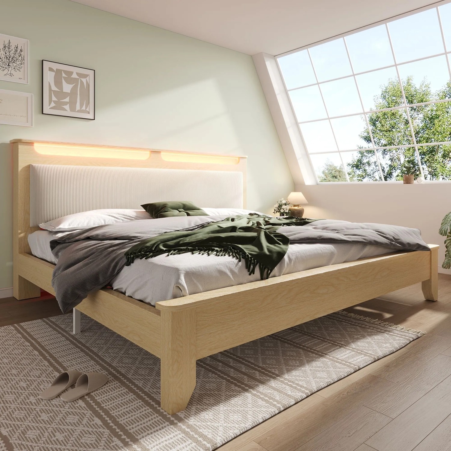 Merax Holzbett 160x200cm LED Stauraum Kopfteil Eiche