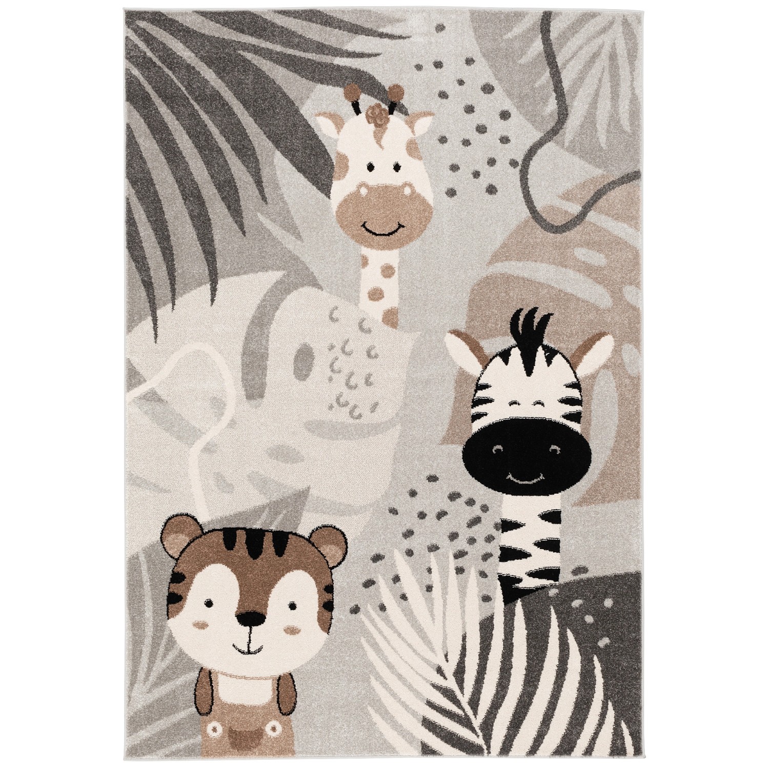 Grauer Kinderteppich 120x170cm mit Safari-Motiven (Giraffe, Zebra, Tiger) für Kinderzimmer.