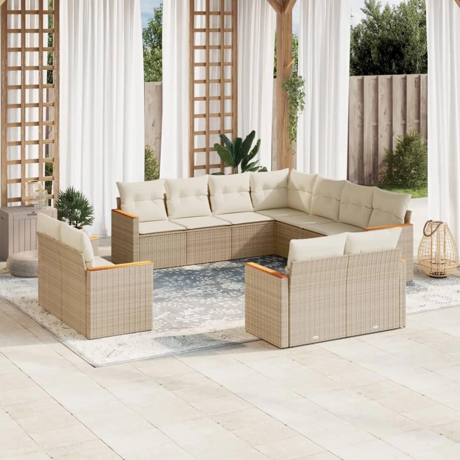 Beige 11-tlg. vidaXL Garten-Sofagarnitur aus Poly Rattan mit Kissen. Gartenmöbel für Terrasse und Garten.