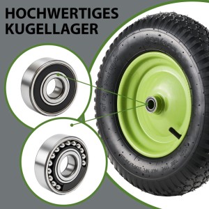 Detailaufnahme: TRUTZHOLM Schubkarrenrad mit grüner Felge und Kugellager.