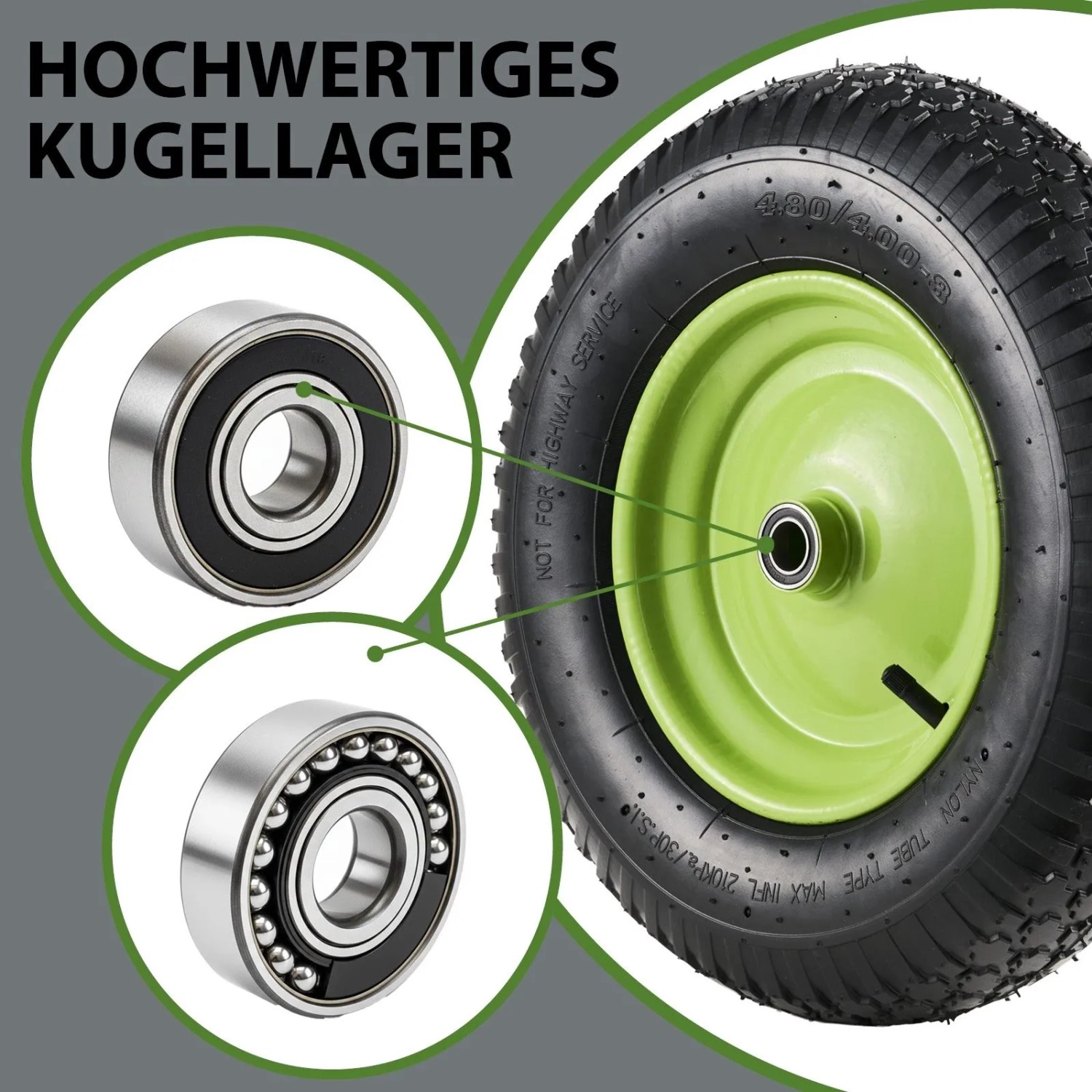 TRUTZHOLM Schubkarrenrad 4.80  4.00-8 und Achse Luftrad 4PR 400mm Grün