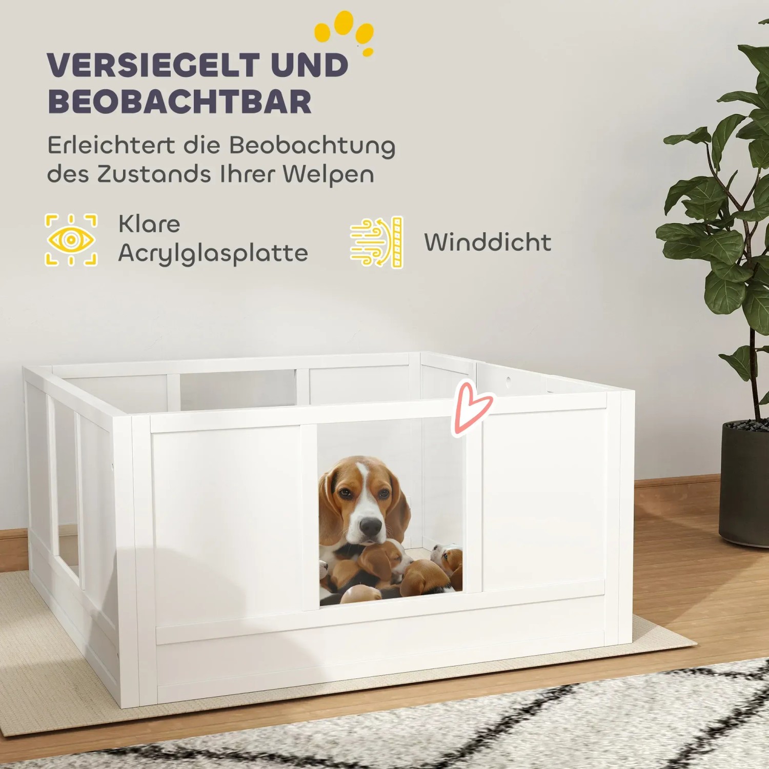 PawHut Wurfkiste aus Kiefernholz, weiß, mit Hündin und Welpen. Ideal für Zucht und Aufzucht.
