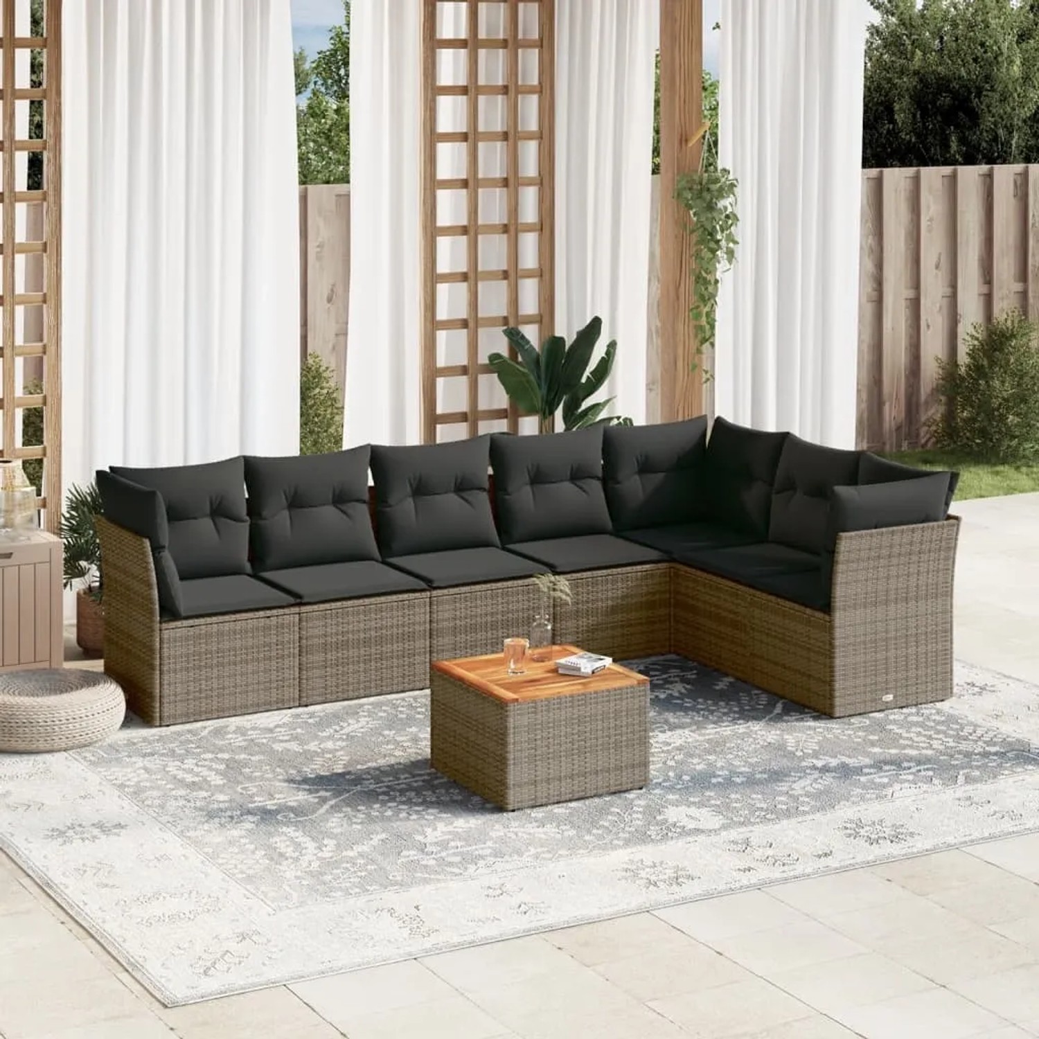 Graue 8-tlg. vidaXL Garten-Sofagarnitur aus Poly Rattan mit Kissen. Gartenmöbel-Set mit Tisch und modularen Sitzelementen.