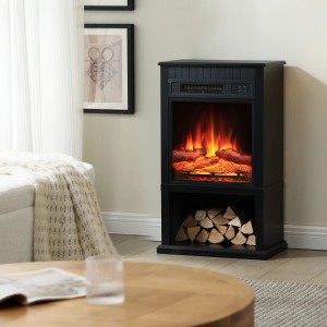 Schwarzer BALDERIA Elektrokamin mit 3D-Flammeneffekt und Holzscheitfach als Standkamin.