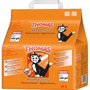 Thomas Klumpstreu 10L im orangefarbenen Sack mit Katzenmotiv.