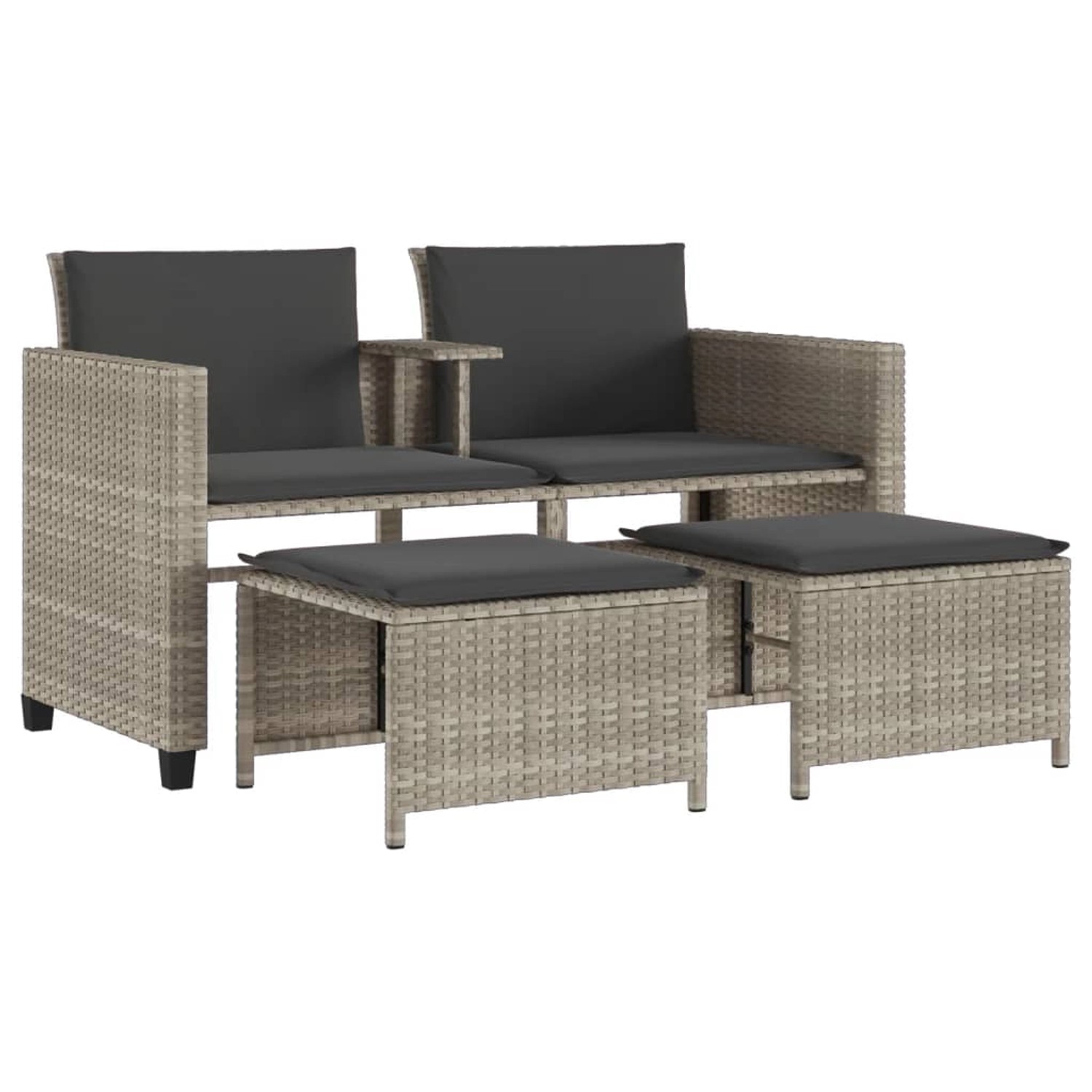 vidaXL Gartensofa 2-Sitzer mit Tisch und Hockern Hellgrau Poly Rattan 368421