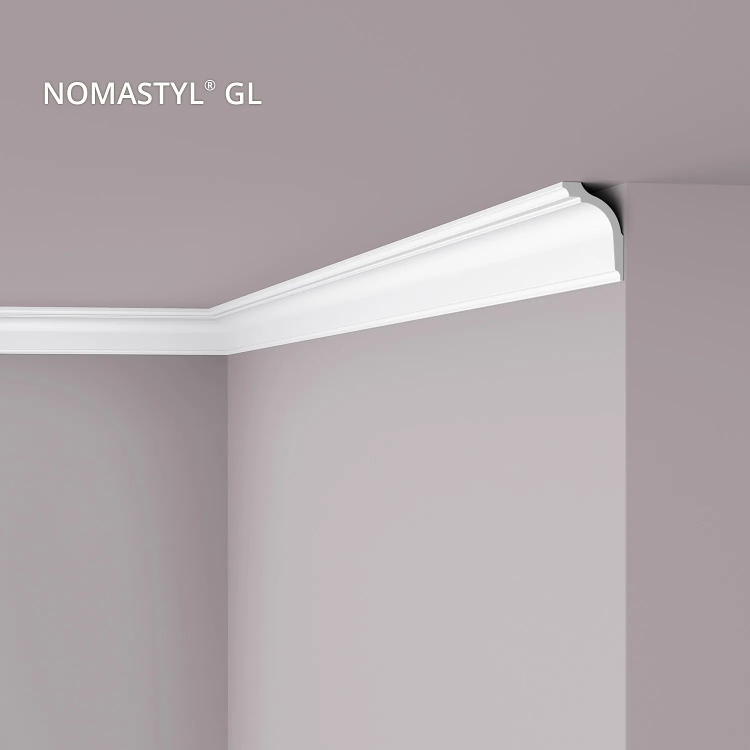 Weiße NOEL & MARQUET Eckleiste NOMASTYL GL (2m) an einer Zimmerdecke.