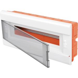 Unterputz Kleinverteiler mit transparenter Tür, 18 TE, für die Hausstromversorgung.