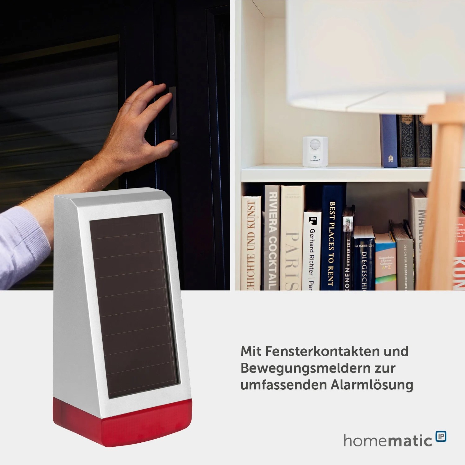 Homematic IP Alarmsirene außen mit Solarzelle, Fensterkontakt und Bewegungsmelder für umfassende Hausautomation.