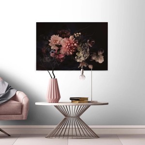 Leinwandbild mit Rosen, Hortensien und Lilien in Rosa und Schwarz. Vintage Wanddekoration für Wohn- und Schlafzimmer.