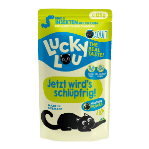 Lucky Lou Katzen-Nassfutter Adult Rind & Insekten, 125g Packung für ausgewachsene Katzen.