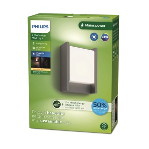 Verpackung der anthrazitfarbenen LED-Wandleuchte Arbour Ultra-Efficient von Philips.