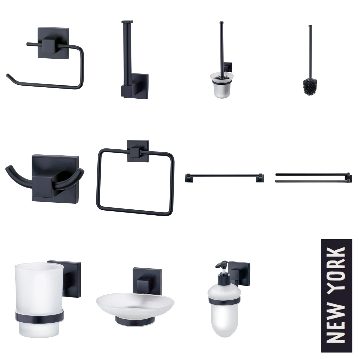 Fackelmann Badhelfer Set New York, mattschwarze Badaccessoires.