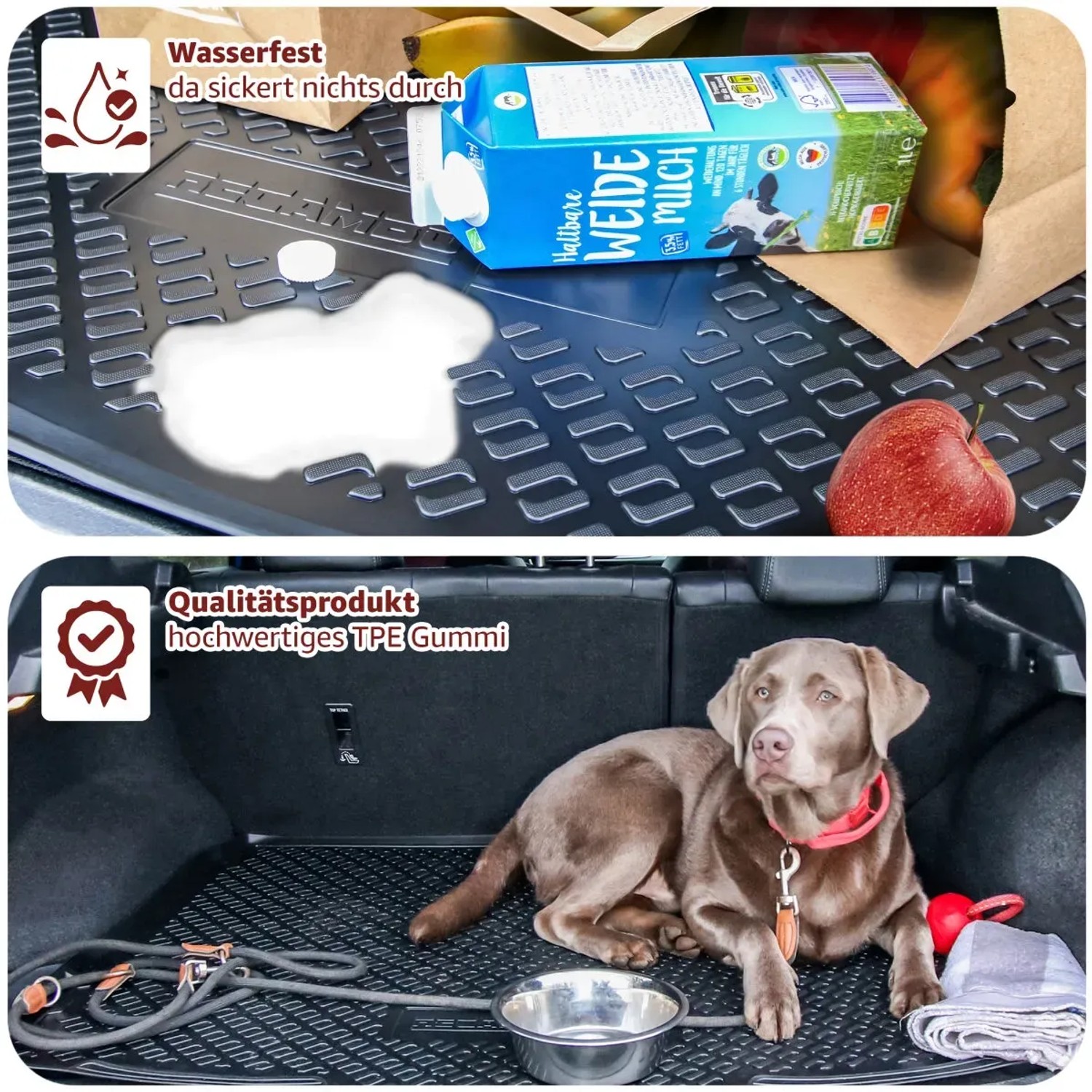 Gummi Kofferraumwanne für VW Polo, wasserfest und schützt vor Schmutz, mit Hund.