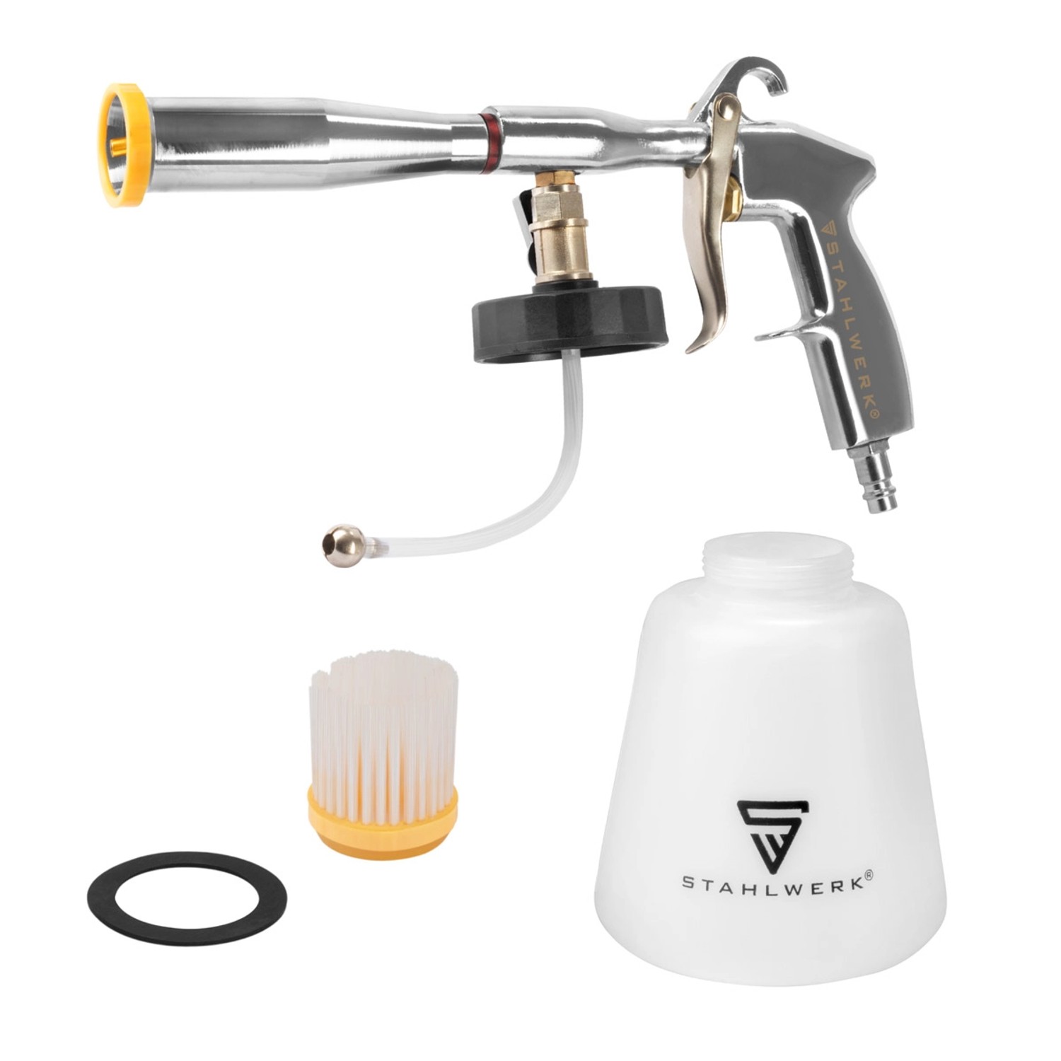 STAHLWERK Druckluft-Reinigungspistole Set mit Reiniger, Bürsten, Tüchern und Schwamm für Kompressoren.