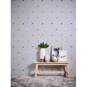 Grau-weiße Vliestapete mit Tiermotiven für das Kinderzimmer. FSC®-zertifiziert.