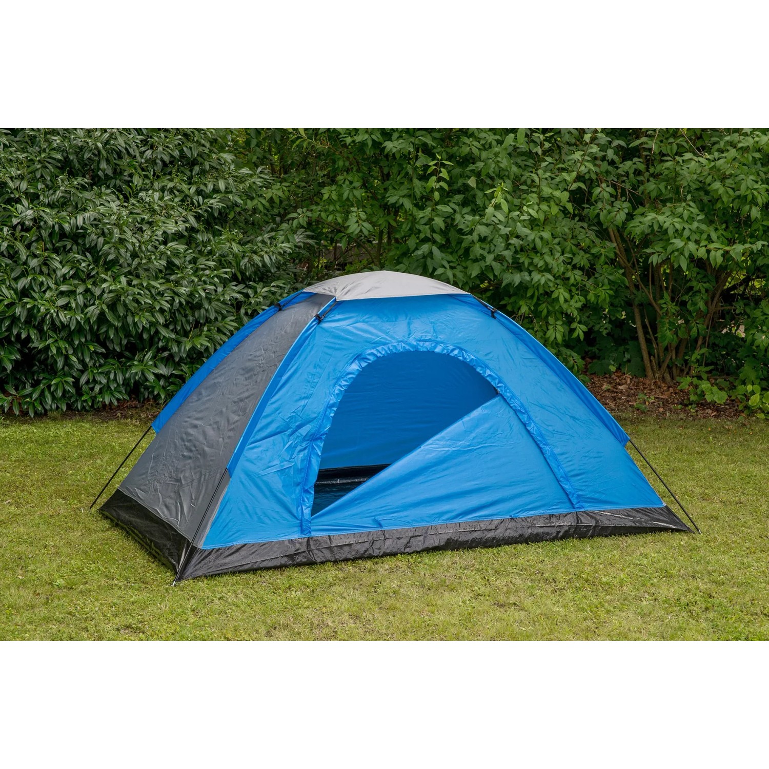 Blaues Igluzelt für 2 Personen auf einer Wiese, Camping & Outdoor.