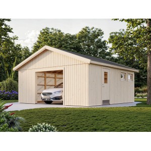 Unbehandelte Holzgarage Palmako Andre 28,5 m² mit Auto, Tür und Fenstern im Garten.