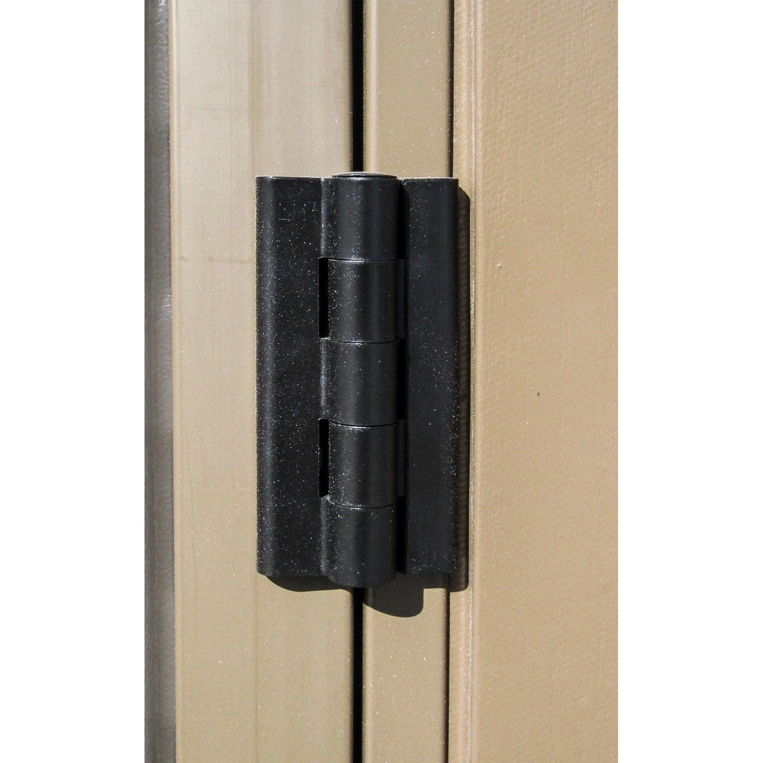 Detailaufnahme: Schwarzes Scharnier am Duramax Gerätehaus WoodBridge Plus.