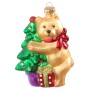 Weihnachtsornament: Goldener Bär umarmt Tannenbaum mit Geschenk, 11cm, Krebs Glas Lauscha.