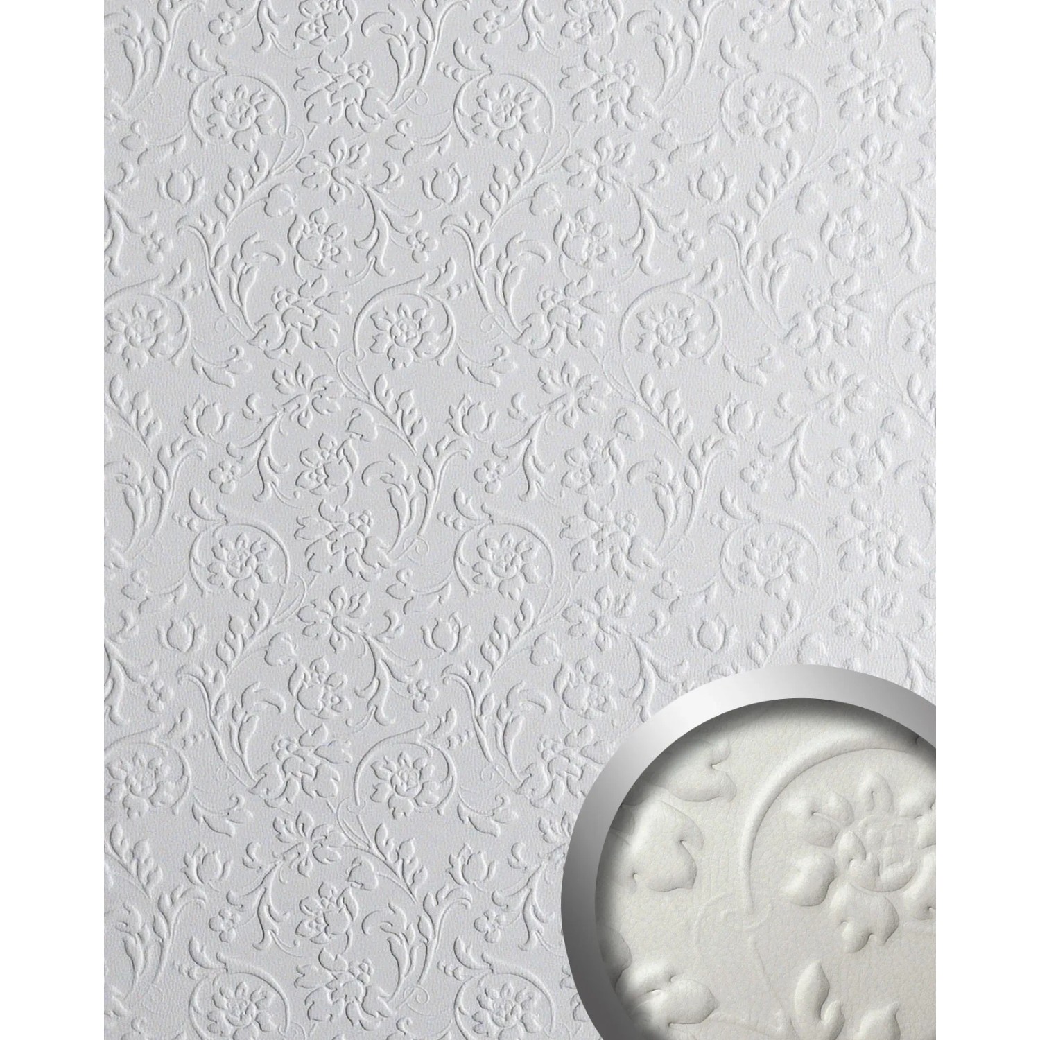 Weißes, selbstklebendes WALLFACE Wandpaneel mit floralem Barock-Muster aus Leder.