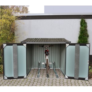 Floraworld Fahrradgarage Anthrazit für 3 Fahrräder mit geöffneten Flügeltüren und einem Fahrrad darin.