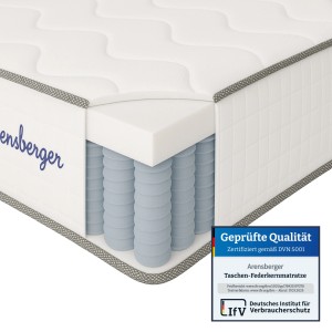 Arensberger Taschenfederkernmatratze 160x200cm im Anschnitt: Mehrschichtiger Aufbau mit Federn und Schaumstoff.