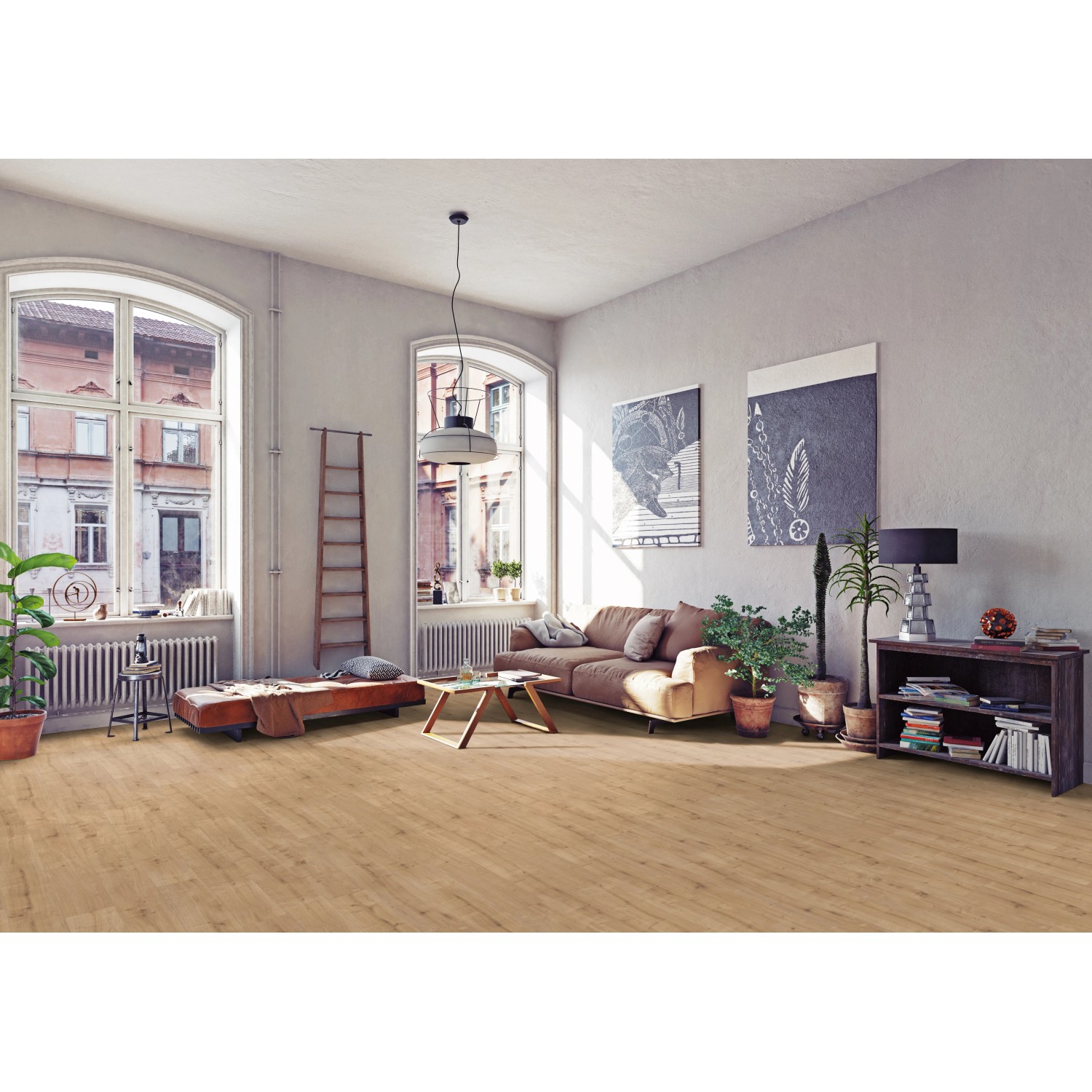 Wohnraum mit Kaindl Laminat Poseidon 7 mm Tahiti Oak, wasserfest und in Holzoptik.
