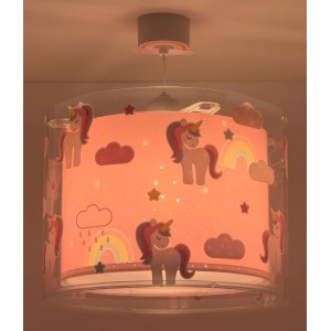 Rosa Dalber Kinderzimmer Deckenlampe mit Einhorn-, Regenbogen- und Sternenmuster, transparentem Doppelschirm.