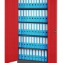 Jan Nowak Aktenschrank anthrazit-rot, offen, mit blauen Ordnern auf 4 verstellbaren Fachböden, Zylinderschloss.