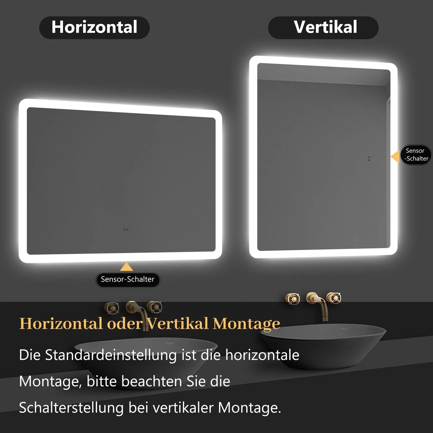 Aica Badspiegel 140x80 cm mit LED-Beleuchtung, horizontal und vertikal montierbar.