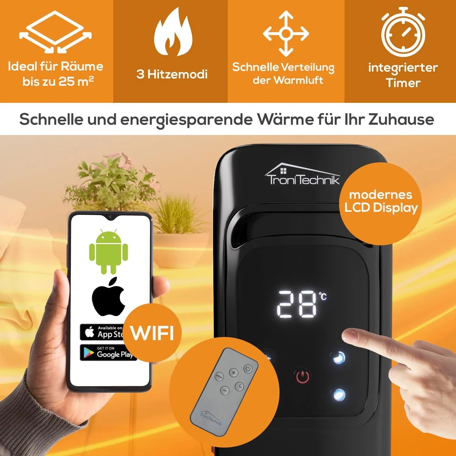 Schwarzer TroniTechnik Ölradiator TT OR 307 mit App-Steuerung, LCD Display und Fernbedienung.