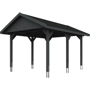 Satteldach-Carport Wallgau, schiefergrau mit schwarzen Schindeln, 380x500 cm. Einzelcarport aus Holz.