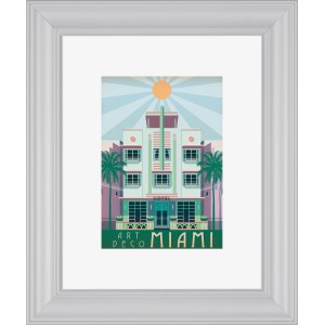 Weißer Kunststoff Bilderrahmen 24x30 cm mit Art Deco Miami Motiv.