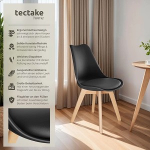 Eleganter schwarzer Tectake Esszimmerstuhl Frederikke im Scandi Design mit gepolsterter Sitzfläche und stabilen Holzbeinen.