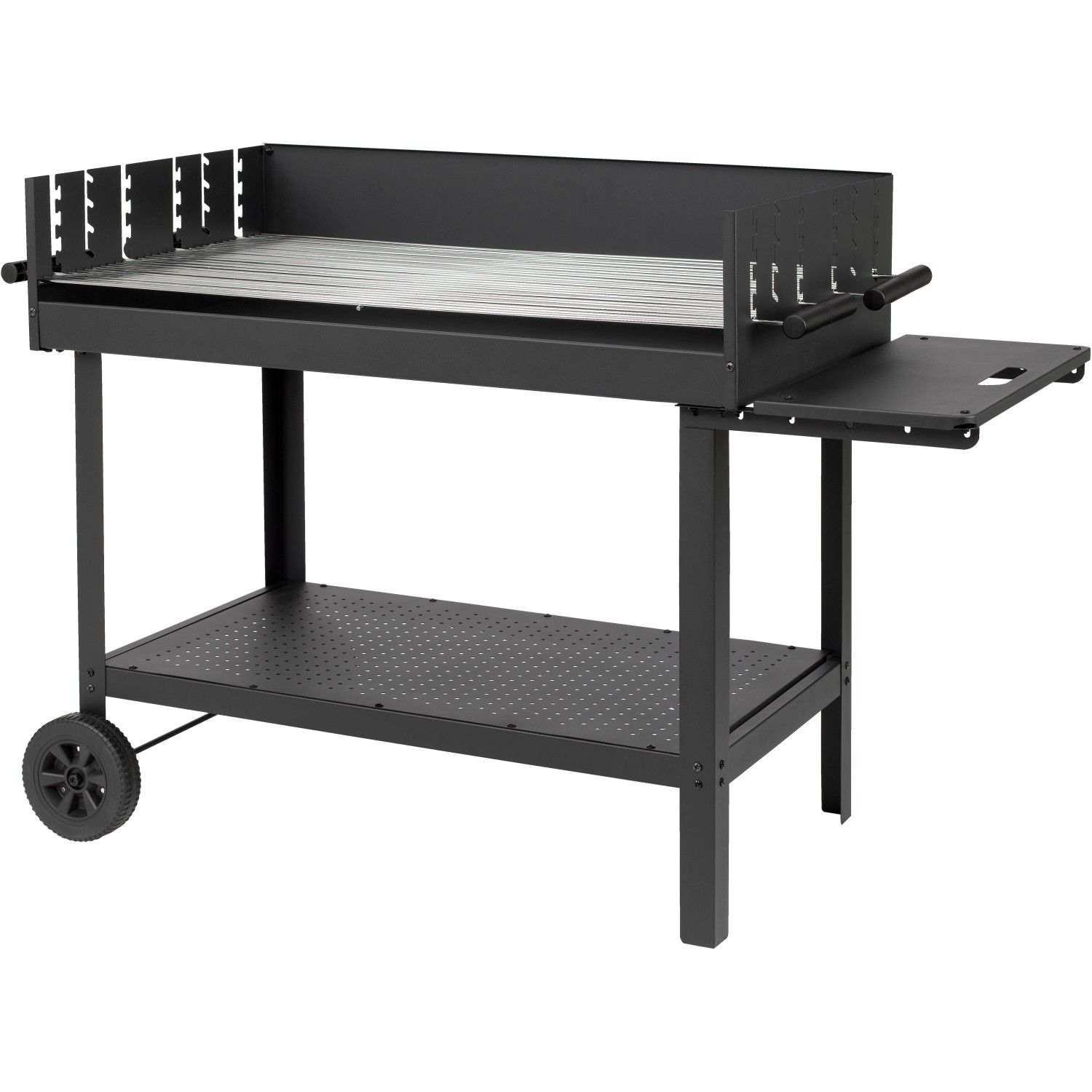 Tepro Atlanta Holzkohlegrillwagen in Schwarz mit Ablagefläche und Rädern.