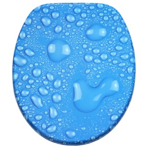 Blauer Sanilo WC-Sitz mit Tautropfen-Design und Absenkautomatik. Toilettendeckel aus Holz.