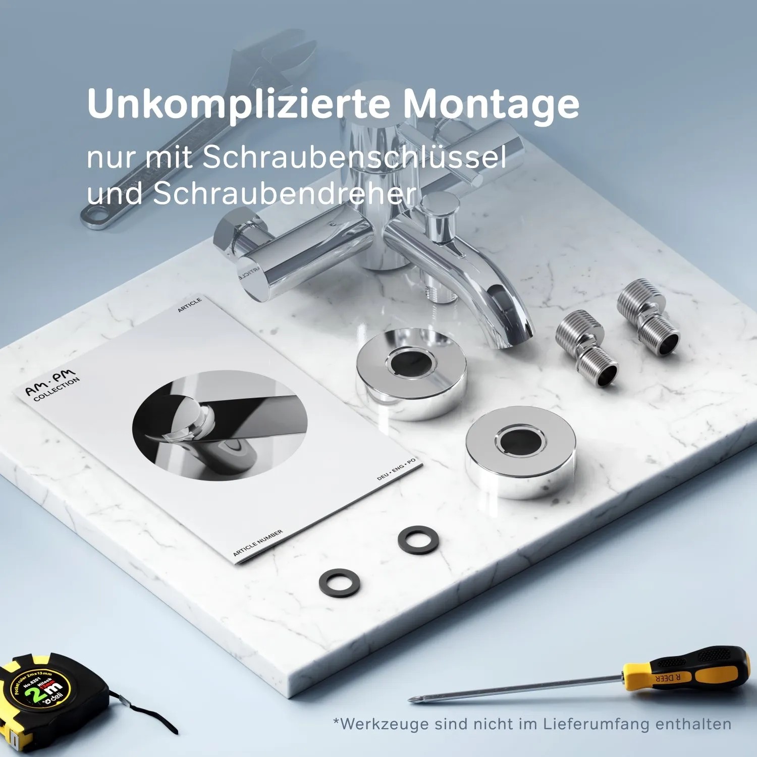 AM.PM Wannenarmatur Aufputz Chrom mit Montagezubehör und Werkzeug (nicht enthalten).