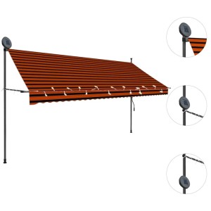 Orange-braune, handbetriebene Einzieh-Markise mit LED-Beleuchtung und Solarpanel für Terrasse.