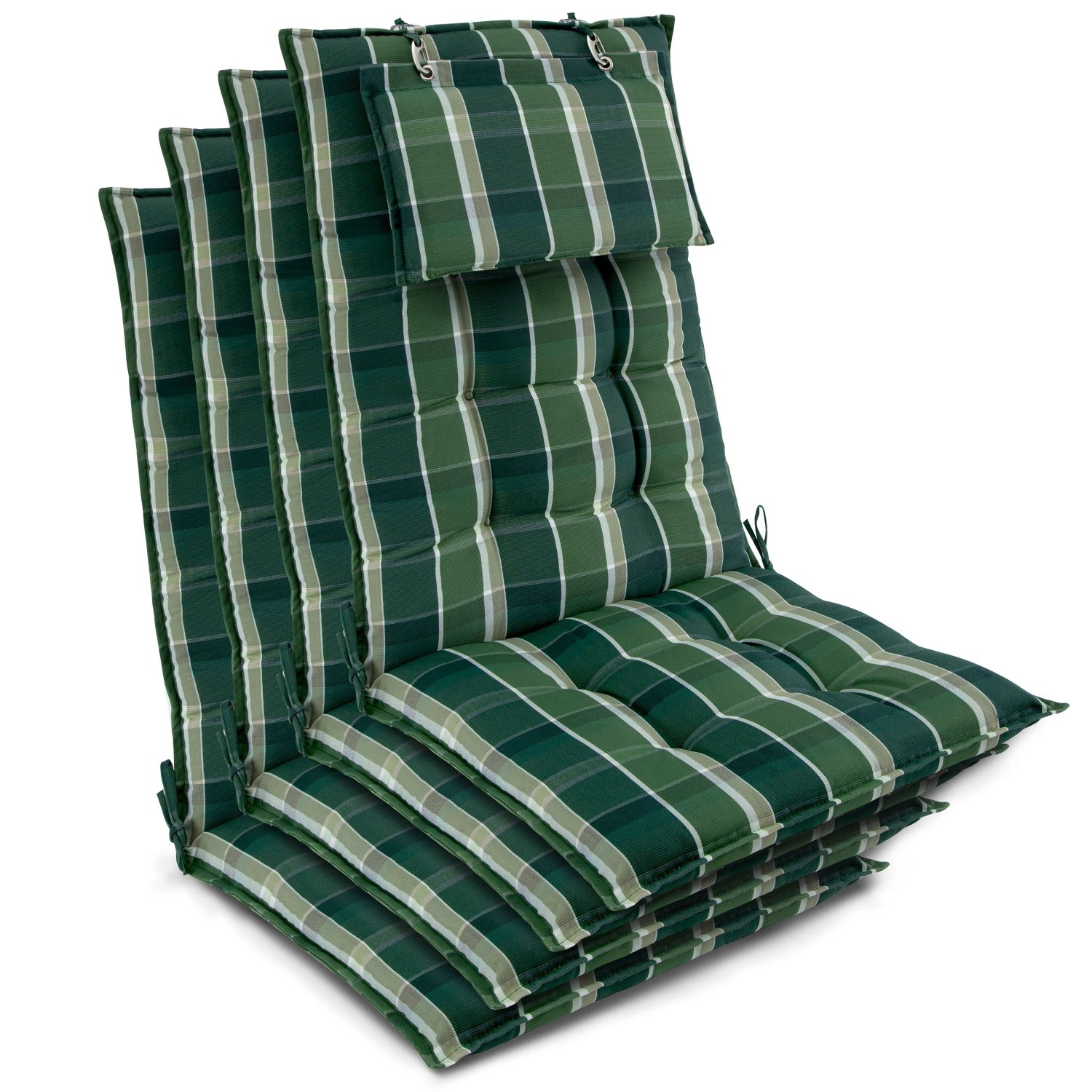Beautissu 4er Set Sun-HL Hochlehner Auflage 120x50x8cm Grün-Kariert