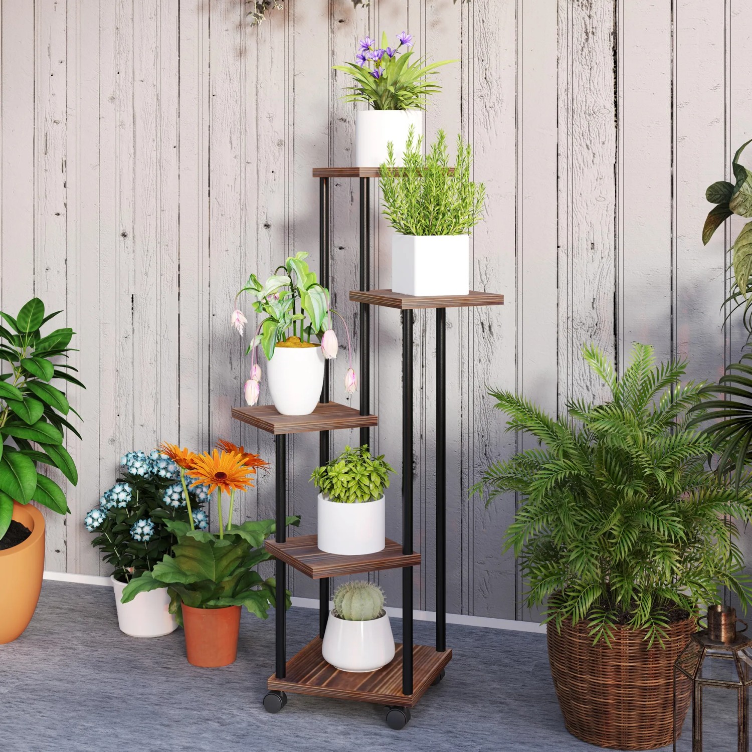 Outsunny Blumenständer aus Stahl und Holz, verkohlt, mit 5 Ebenen und Rollen. Dekorative Pflanzen Treppe.