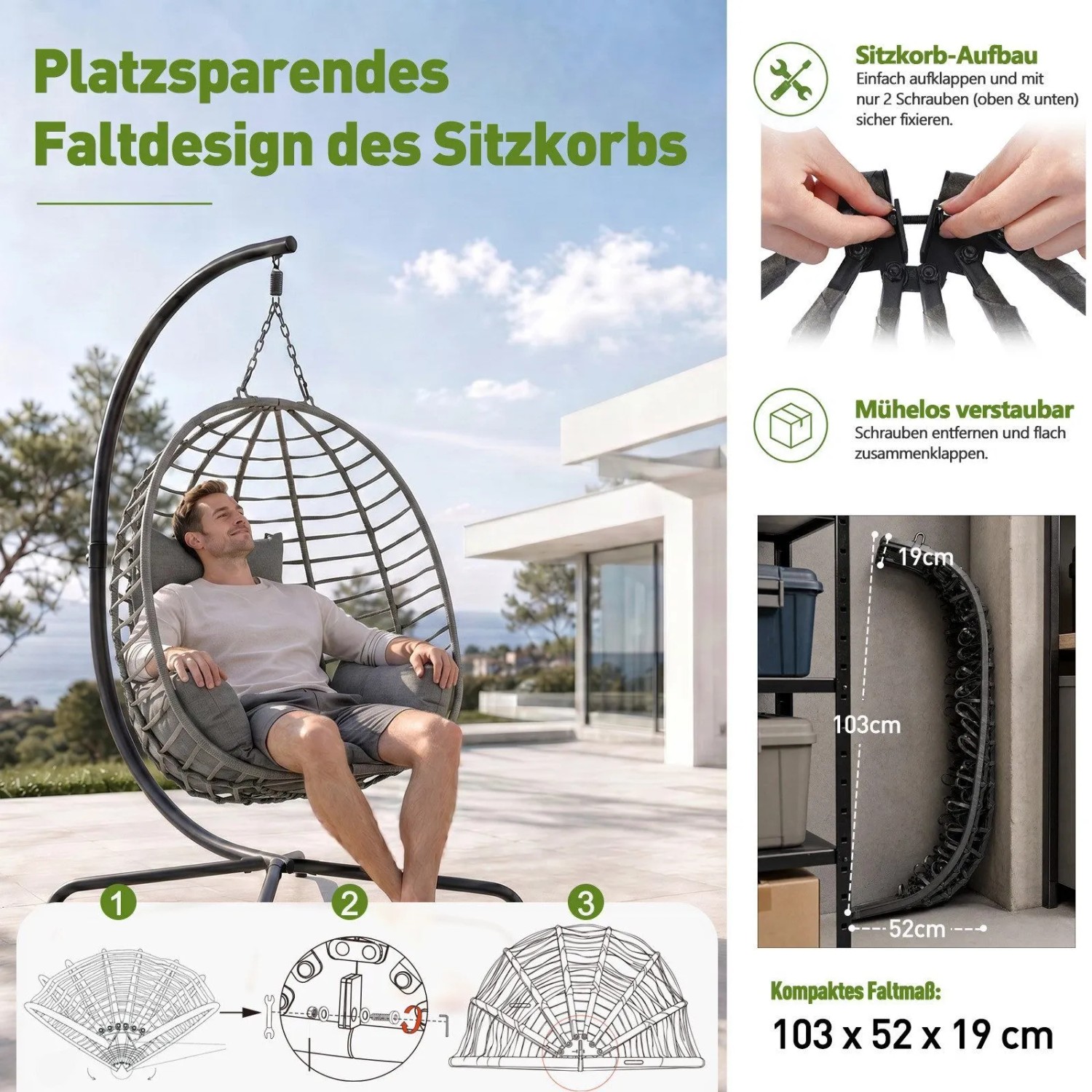 Grauer Hängesessel mit Gestell, Mann entspannt auf Terrasse. Zeigt klappbaren Rattan-Korb, platzsparend für Garten & Balkon.