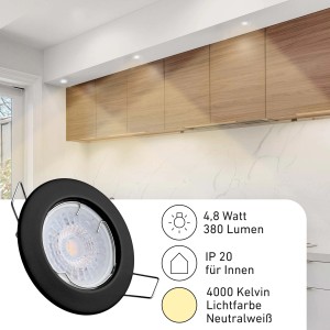 Oktaplex 6er Set LED Einbaustrahler Sedan inkl. LED-Module Neutralweiß 380lm 4,8W Schwarz Deckenspot