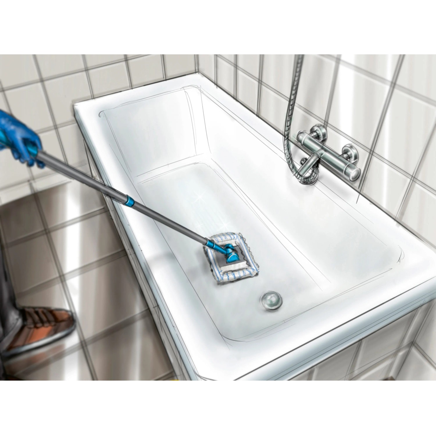 Ersatzbezug für Bad- und Fliesenwischer im Einsatz in einer Badewanne.